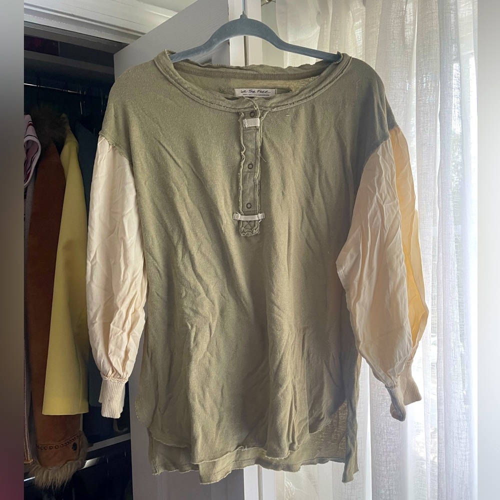 Free People “We the Free” - Khaki & cream long sleeve with a patchwork look